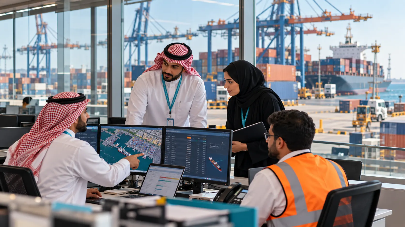 فريق حلول الموانئ في مكتب مطل على الميناء