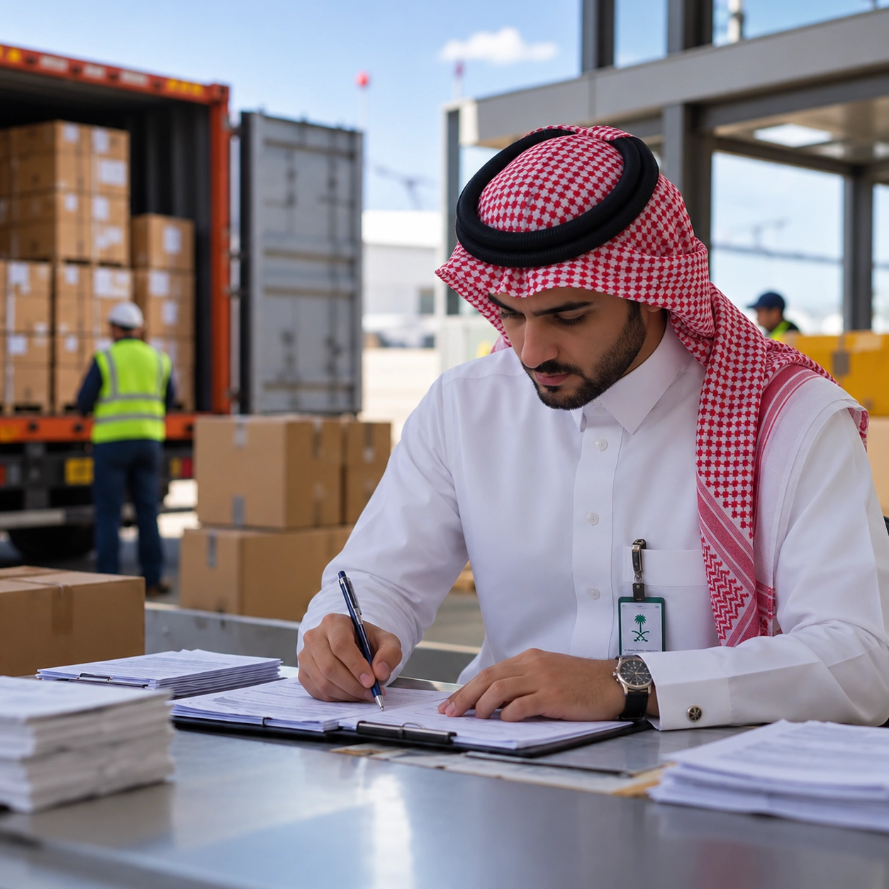 موظف جمارك يراجع مستندات الشحنة